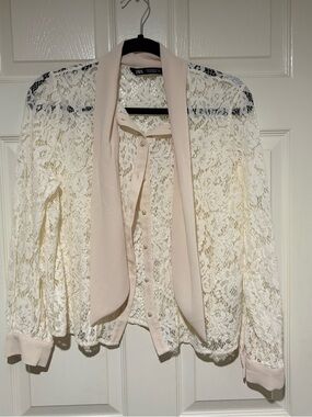 Zara Cream Lace Blouse with Pale Pink Tie